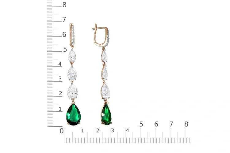 Серьги из красного золота с 2 изумрудами и 20 фианитами