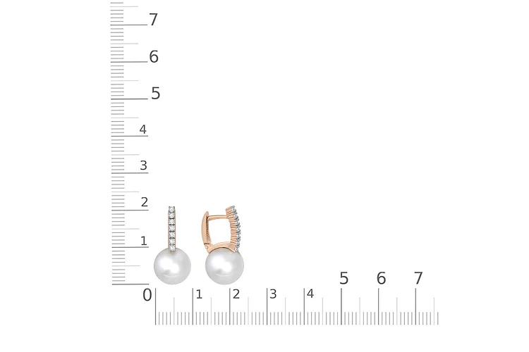 Серьги из красного золота с 2 жемчужинами и 14 фианитами