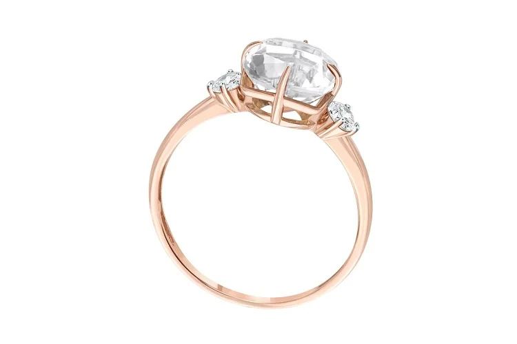 Кольцо из красного золота с горным хрусталём и 2 фианитами