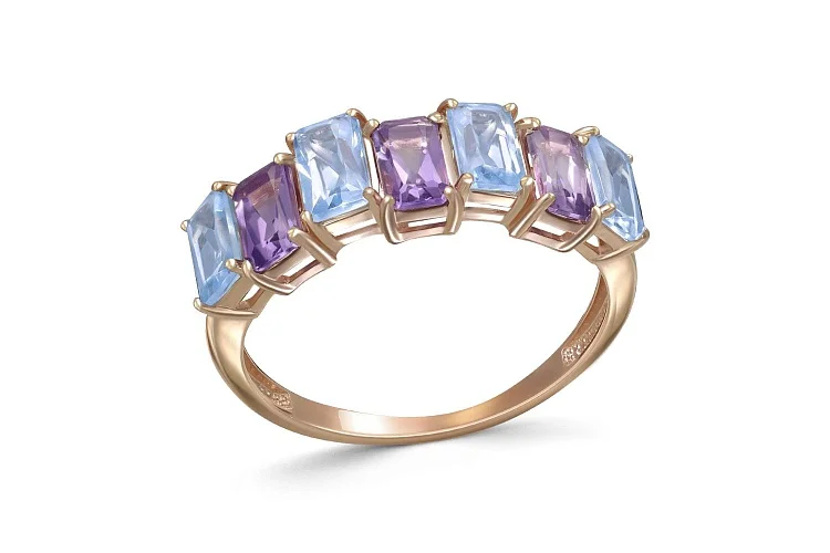 Кольцо Дорожка из красного золота с 3 аметистами и 4 топазами sky