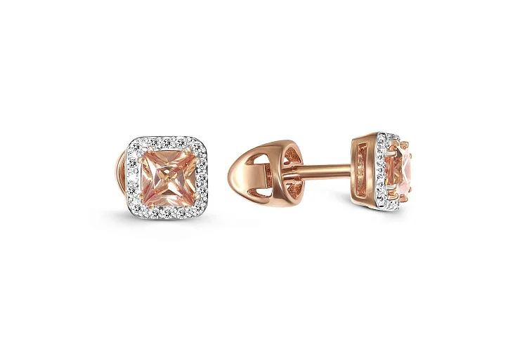 Серьги-пусеты Квадраты из красного золота с 34 фианитами