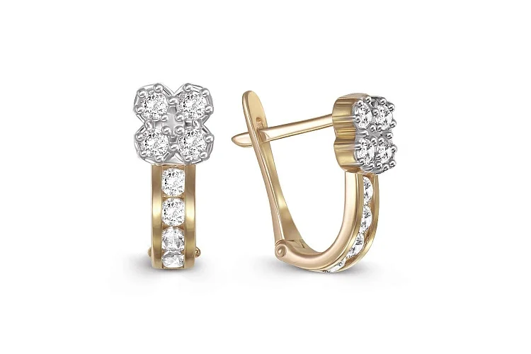 Серьги детские Цветы из жёлтого золота с 18 фианитами