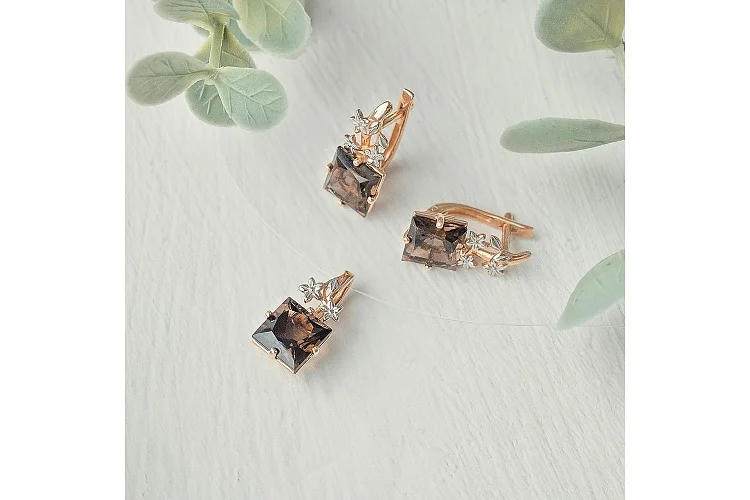 Серьги Цветы из красного золота с 2 раухтопазами