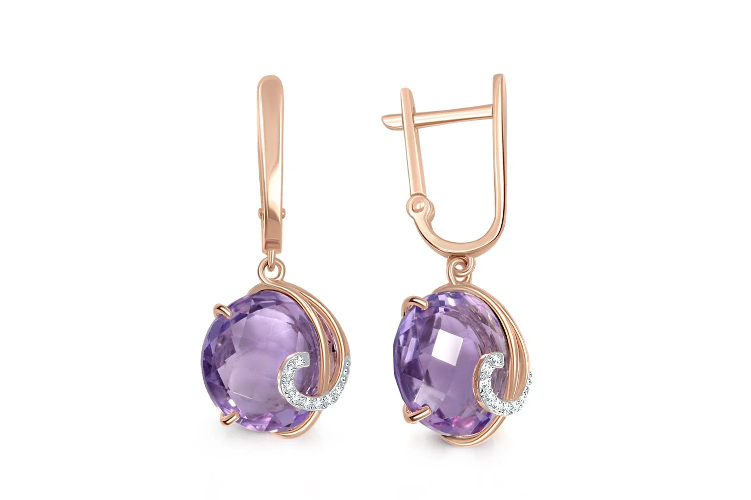 Серьги из красного золота с 2 аметистами и 16 фианитами