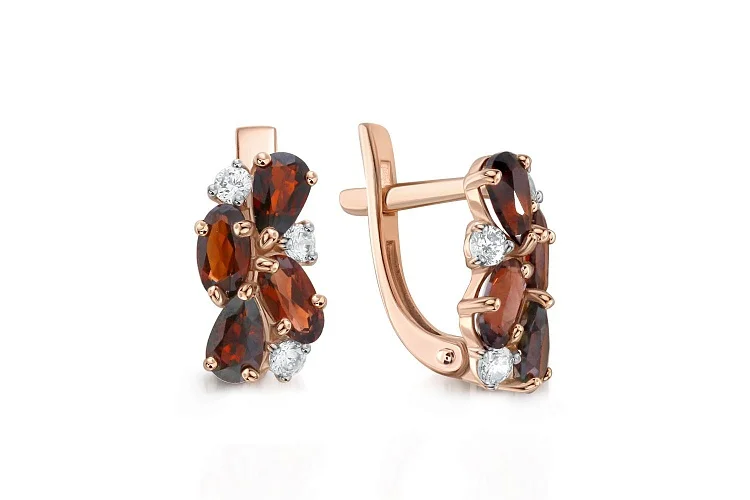 Серьги из красного золота с 8 гранатами и 6 фианитами