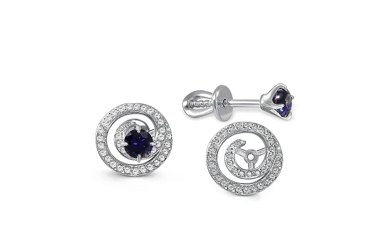 Серьги-пусеты из белого золота с 2 сапфирами и 72 бриллиантами