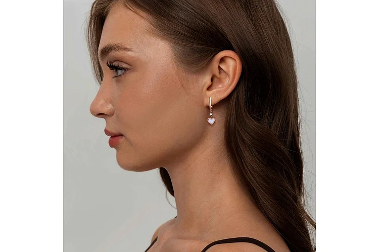 Серьги Сердца из красного золота с перламутром и 2 фианитами