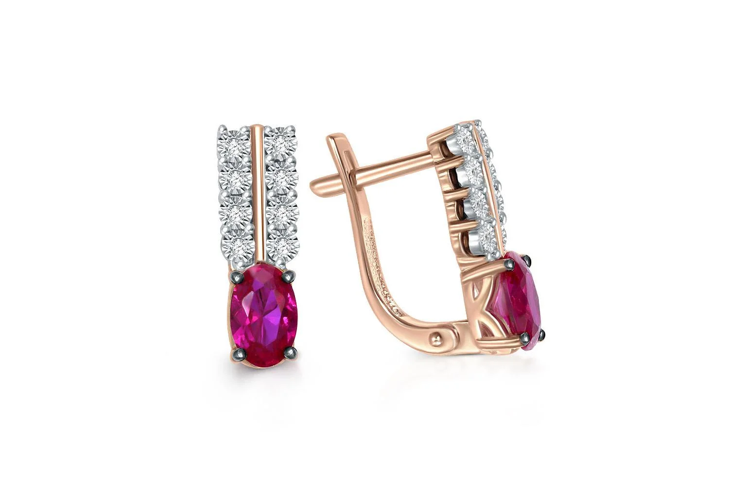 Серьги из красного золота с 2 корундами и 16 фианитами