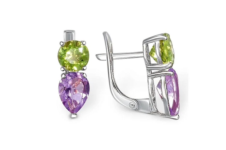 Серьги из белого золота с 2 аметистами и 2 хризолитами