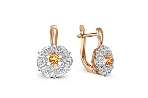 Серьги Цветы из красного золота с 2 цитринами и 48 фианитами