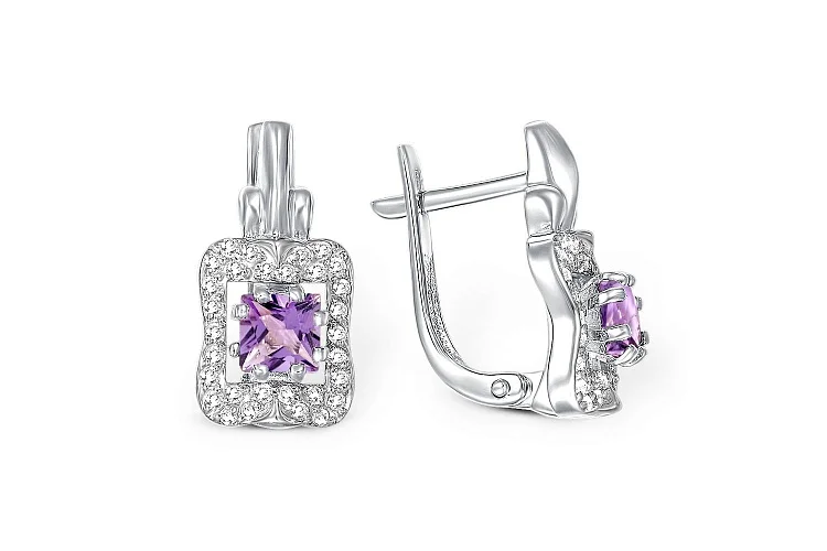 Серьги из белого золота с 2 аметистами и 60 фианитами