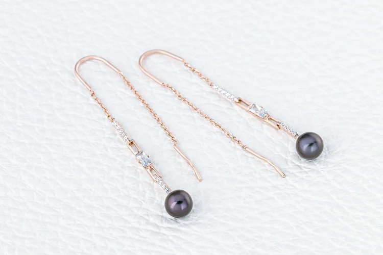 Серьги-продёвки из красного золота с 2 жемчужинами и 22 фианитами