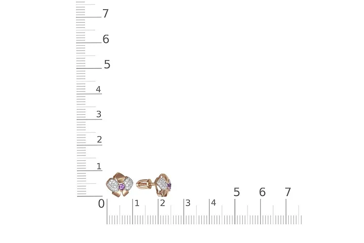 Серьги-пусеты Цветы из красного золота с 2 аметистами и 40 фианитами