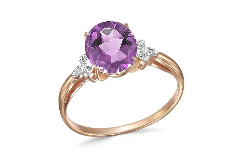 Кольцо из красного золота с аметистом и 6 фианитами