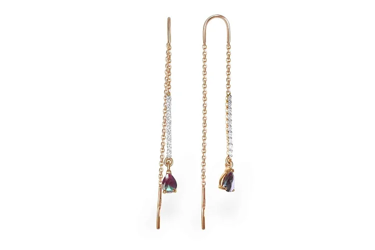 Серьги-продёвки Дорожки из красного золота с 2 александритами и 20 фианитами