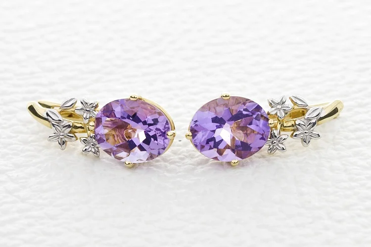Серьги Цветы из жёлтого золота с 2 аметистами