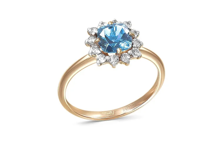 Кольцо из красного золота с топазом лондон и 12 фианитами