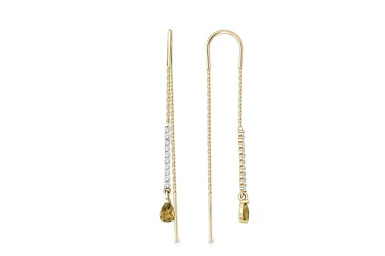 Серьги-продёвки Дорожки из жёлтого золота с 2 султанитами и 20 фианитами