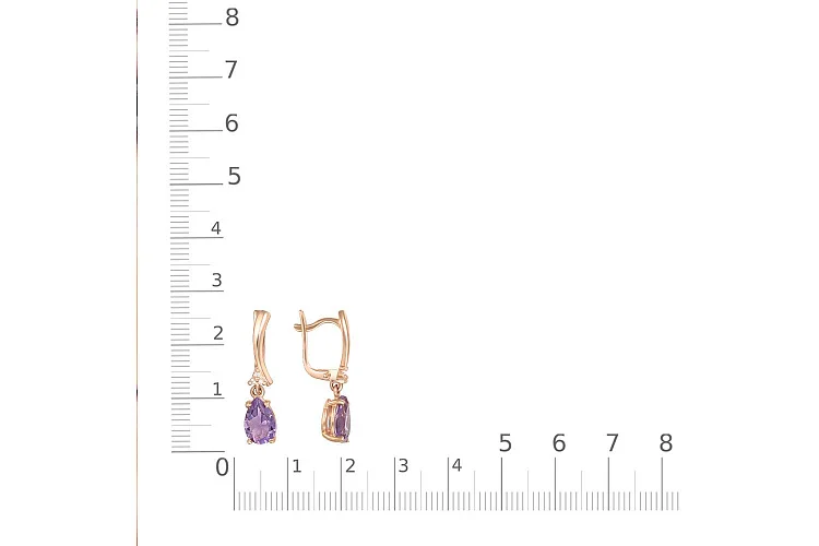 Серьги из красного золота с 2 аметистами и 6 фианитами