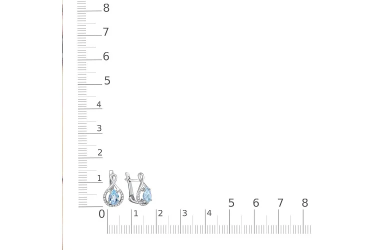 Серьги из белого золота с 2 топазами sky и 34 фианитами