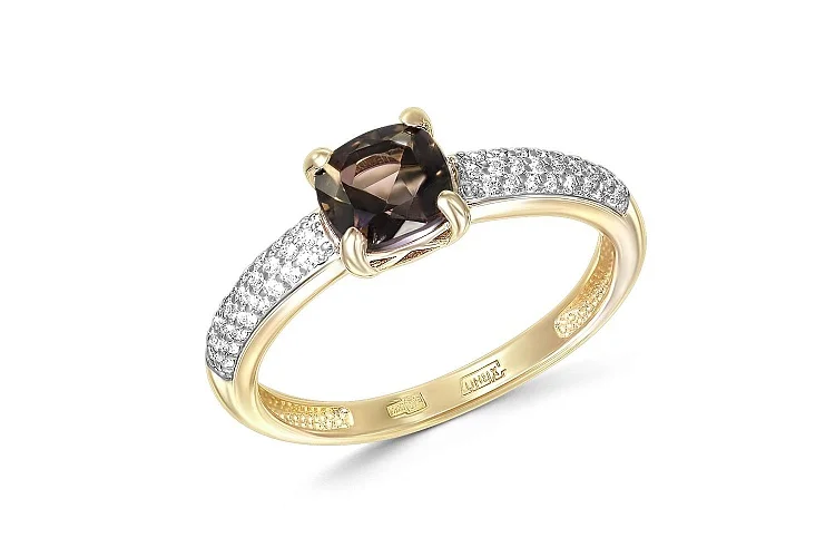 Кольцо из жёлтого золота с раухтопазом и 50 фианитами