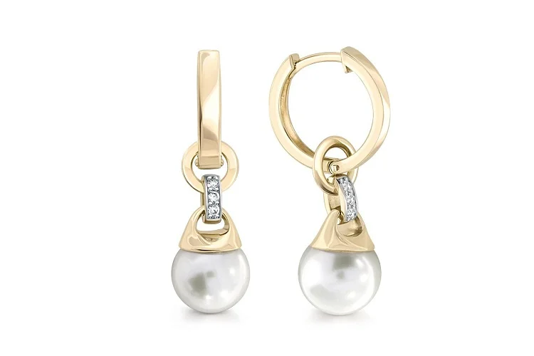 Серьги-трансформеры из жёлтого золота с 2 жемчужинами и 6 фианитами