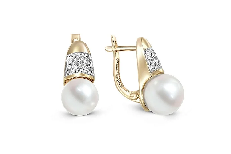 Серьги из жёлтого золота с 2 жемчужинами и 42 бриллиантами