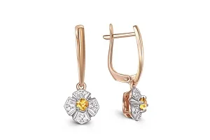 Серьги Цветы из красного золота с 2 цитринами и 24 фианитами