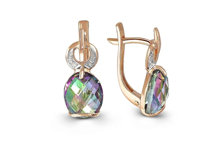 Серьги из красного золота с 2 кварцами и 4 фианитами