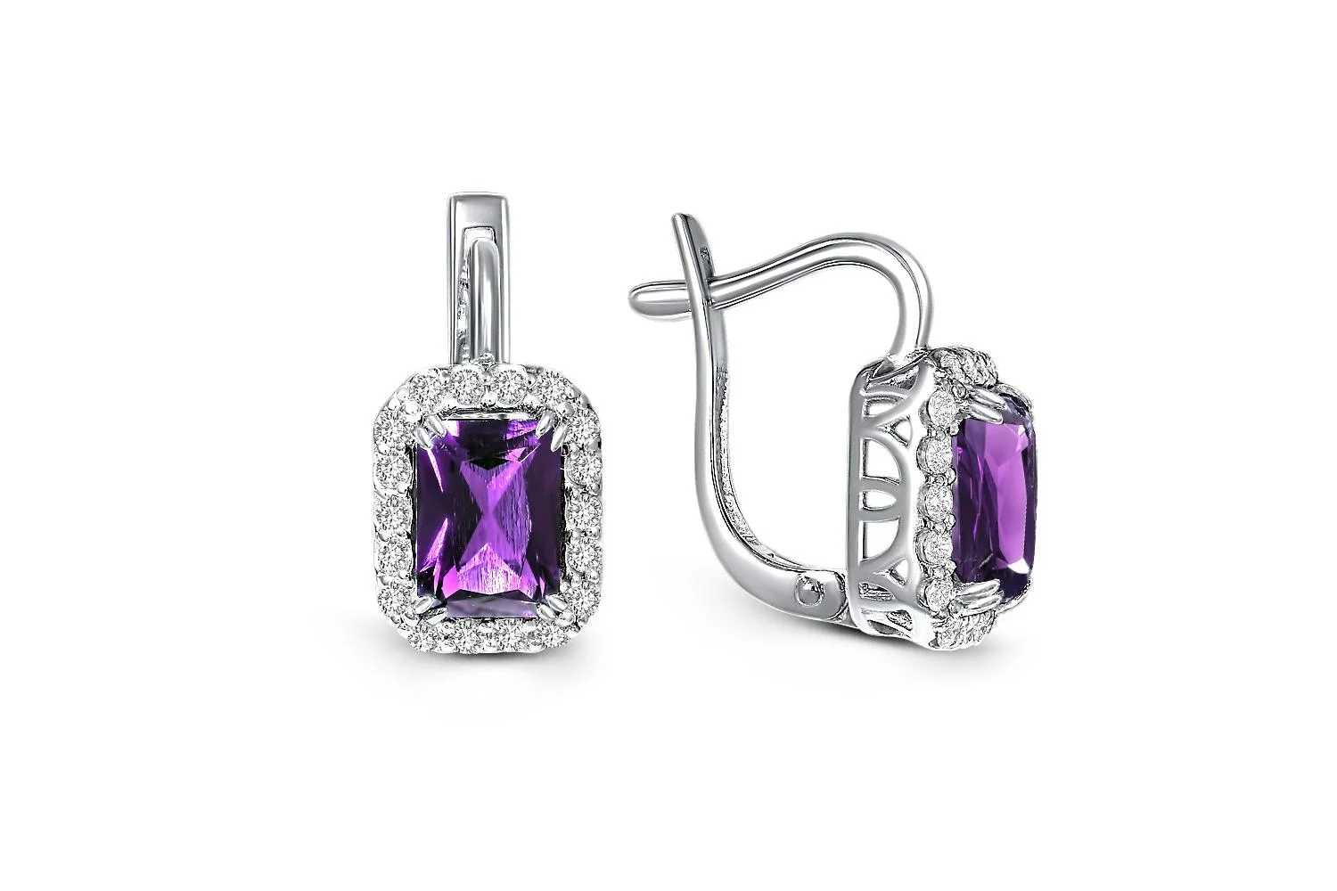 Серьги из белого золота с 2 аметистами и 36 фианитами