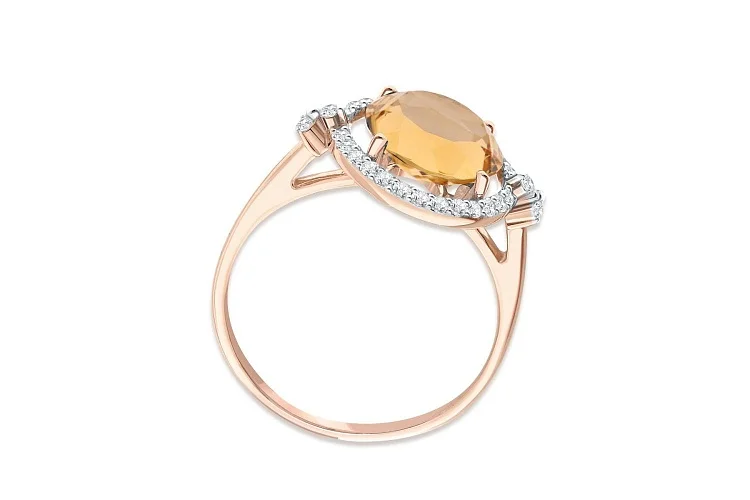 Кольцо из красного золота с кварцем и 32 фианитами