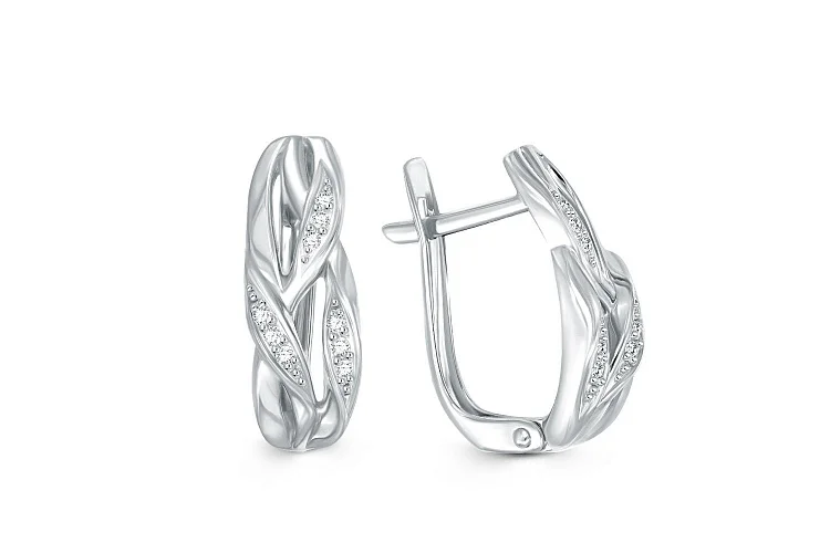 Серьги Веточки из белого золота с 18 фианитами