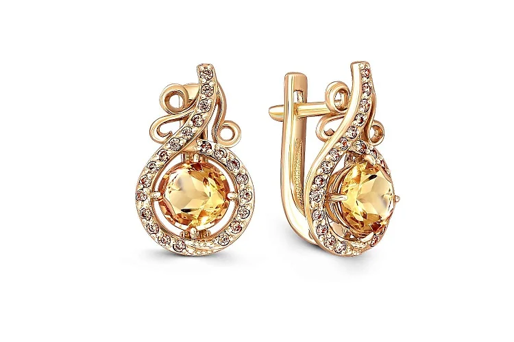 Серьги из жёлтого золота с 2 цитринами и 44 фианитами