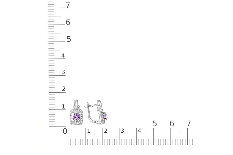 Серьги из белого золота с 2 аметистами и 60 фианитами