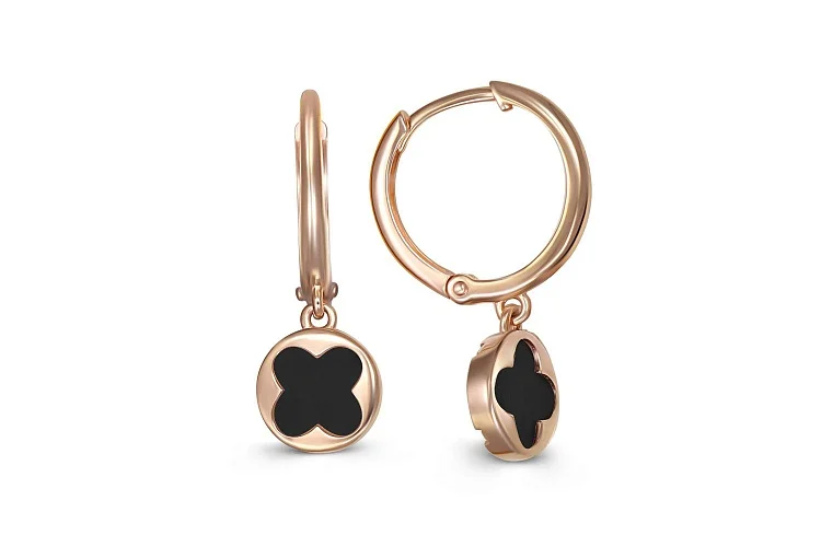 Серьги Клевер из красного золота с 2 ониксами