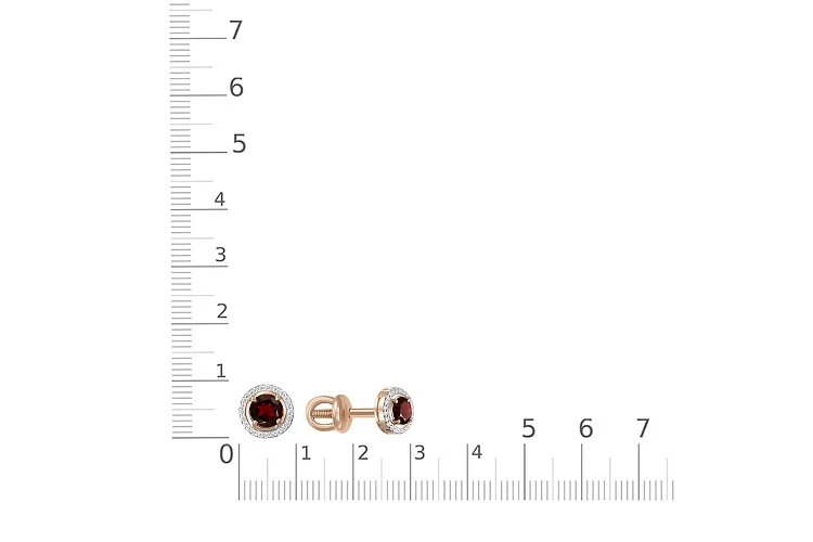 Серьги-пусеты из красного золота с 2 гранатами и 46 фианитами