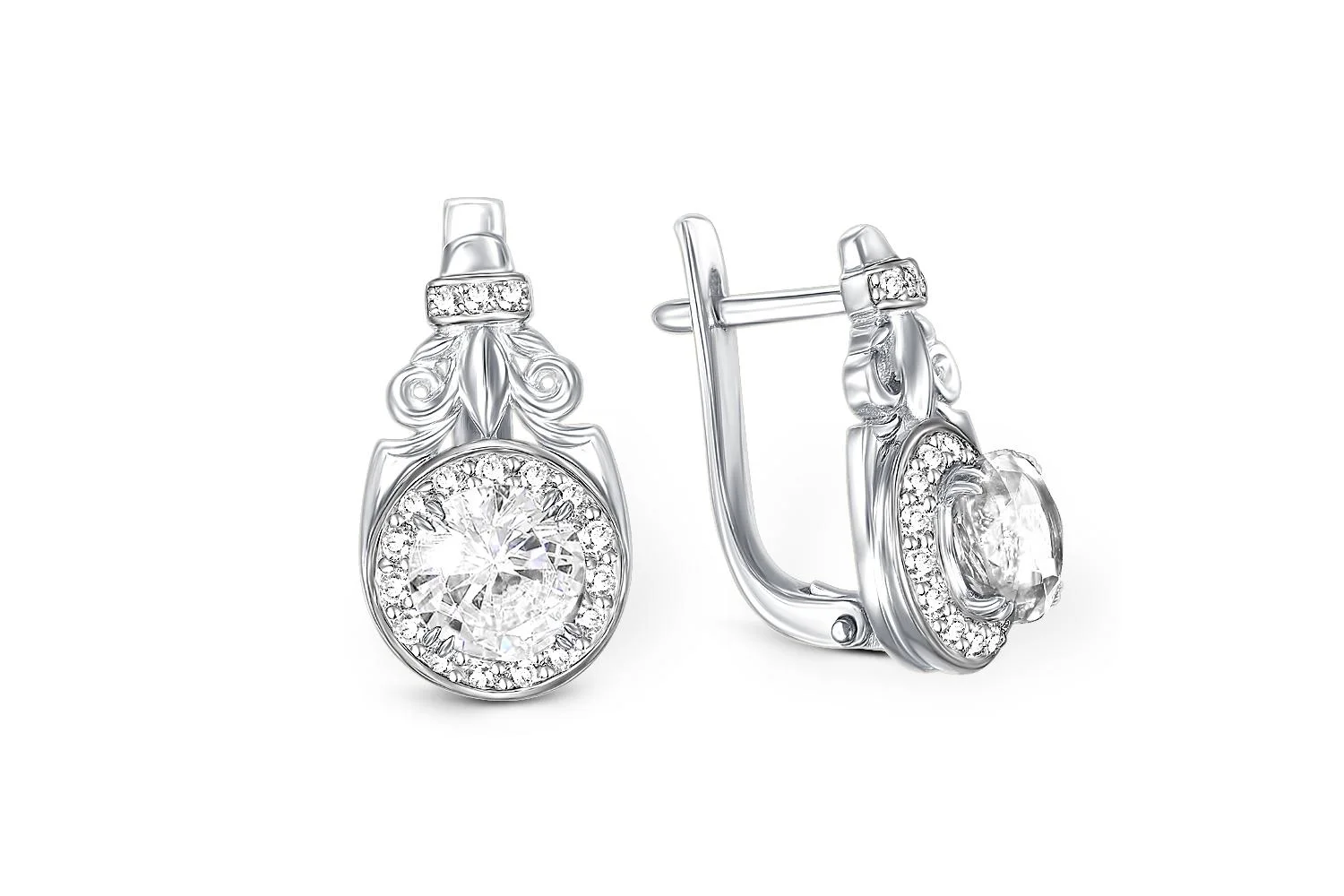 Серьги из белого золота с 2 кристаллами swarovski и 36 фианитами