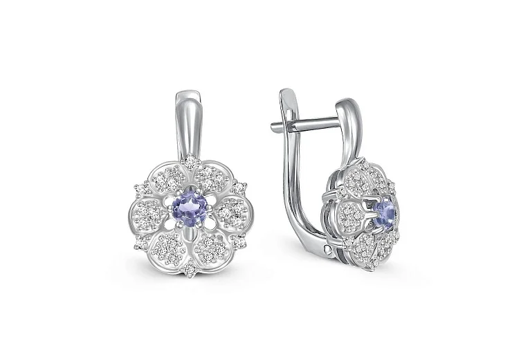 Серьги Цветы из белого золота с 2 танзанитами и 48 фианитами
