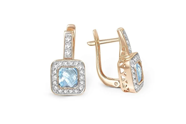 Серьги из красного золота с 2 топазами sky и 42 фианитами