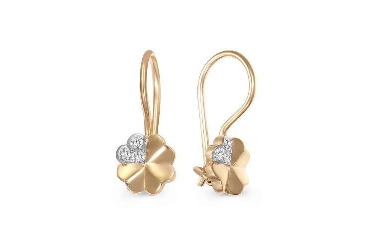 Детские серьги Клевер из жёлтого золота с 6 фианитами