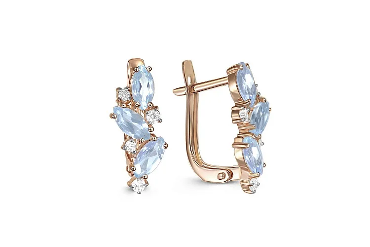 Серьги из красного золота с 6 топазами sky и 8 фианитами