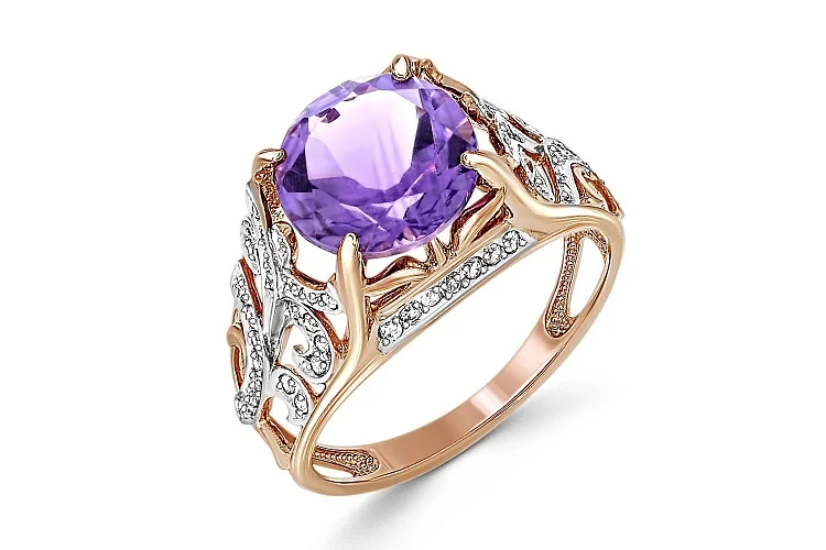 Кольцо из красного золота с аметистом и 62 фианитами