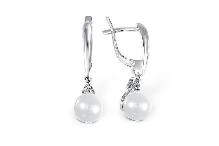 Серьги из белого золота с 2 жемчужинами и 6 бриллиантами