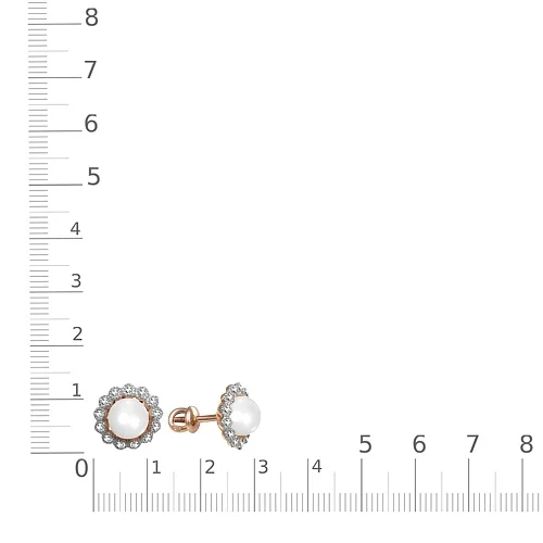 Серьги-пусеты Цветы из красного золота с 2 жемчужинами и 26 фианитами