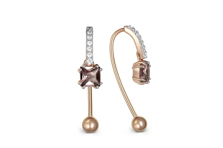 Серьги из красного золота с 2 раухтопазами и 14 фианитами