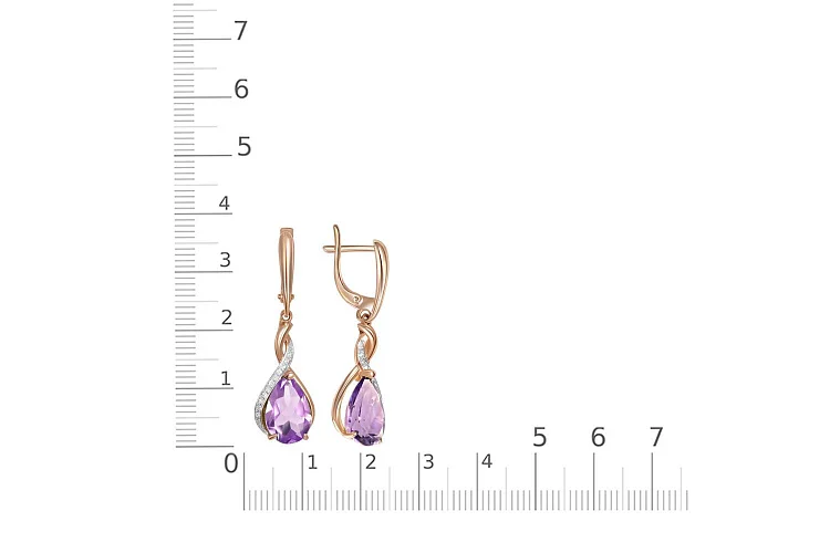 Серьги из красного золота с 2 аметистами и 24 фианитами
