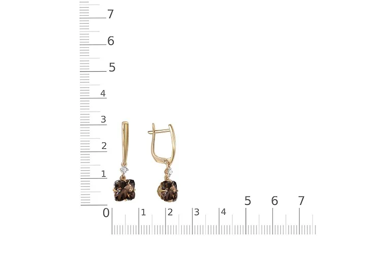 Серьги из жёлтого золота с 2 раухтопазами и 2 фианитами