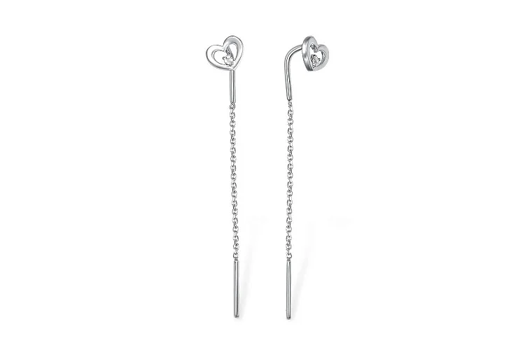 Серьги-продёвки Сердца из белого золота с 2 фианитами