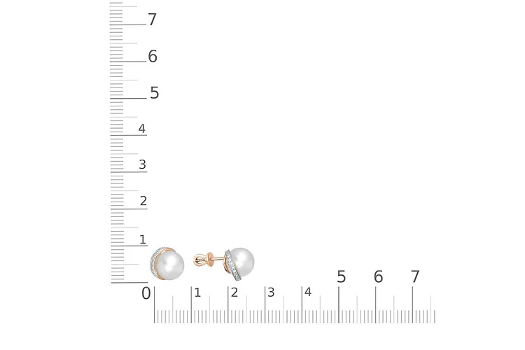 Серьги-пусеты из красного золота с 2 жемчужинами и 28 фианитами
