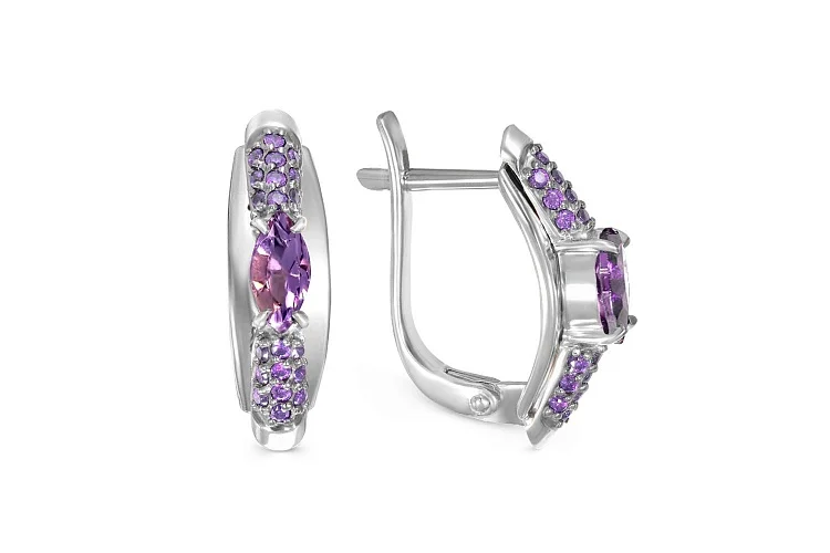 Серьги из белого золота с 2 аметистами и 40 фианитами
